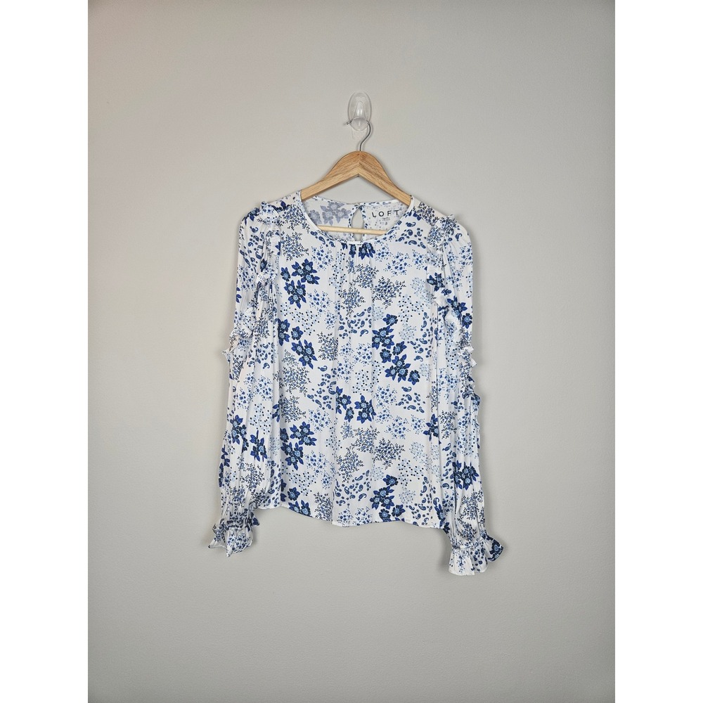 LOFT White Blue Floral Print Long Sleeve Ruffle Cuff Blouse Top Women's S